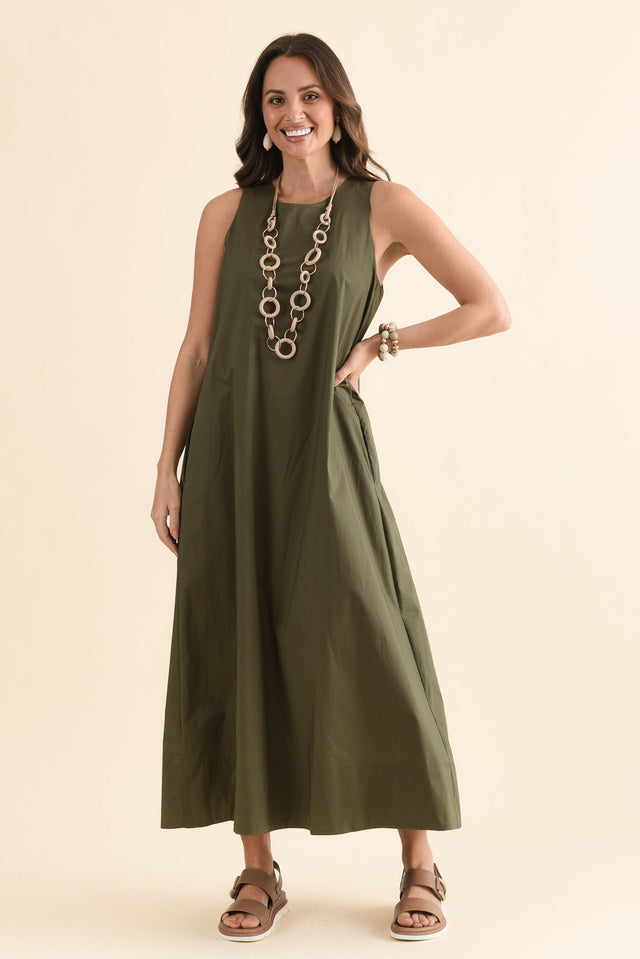 Tia Khaki Cotton Pocket Dress,Full Body,Brunette model,alt text|model:MJ