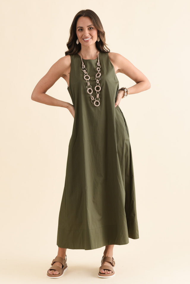 Tia Khaki Cotton Pocket Dress,Full Body,Brunette model,alt text|model:MJ image 6