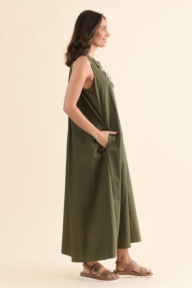 Tia Khaki Cotton Pocket Dress,Side,Brunette model,alt text|model:MJ image 3