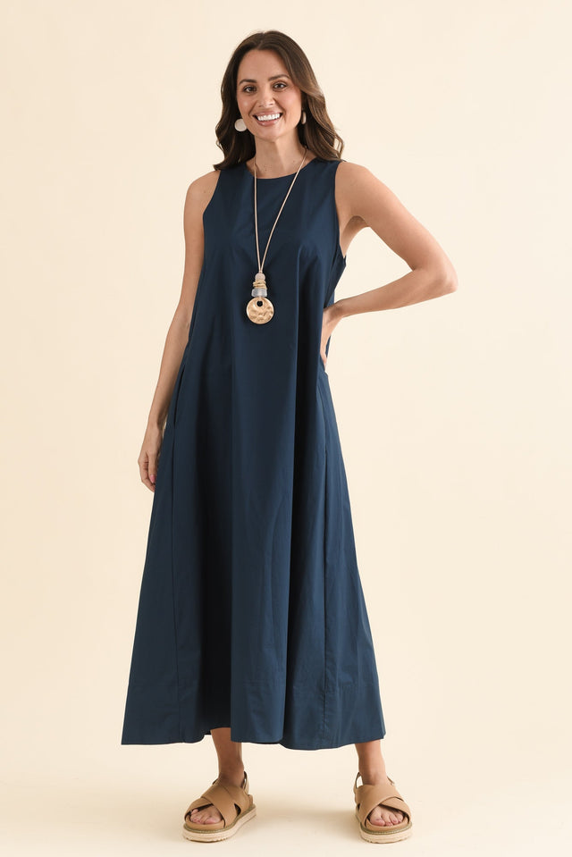 Tia Navy Cotton Pocket Dress,Front,Brunette model,alt text|model:MJ