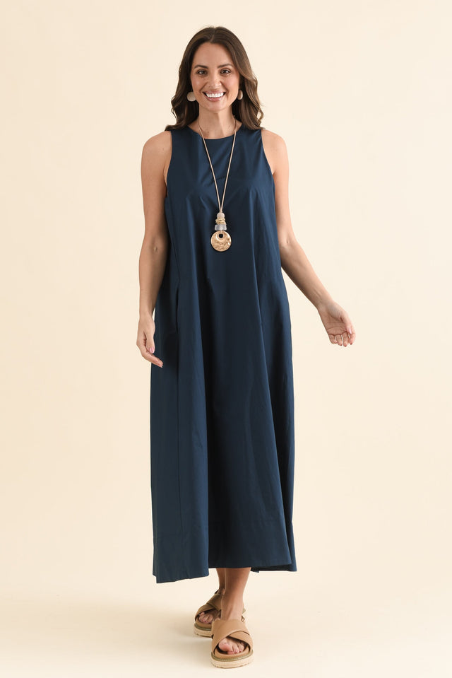Tia Navy Cotton Pocket Dress,Full Body,Brunette model,alt text|model:MJ