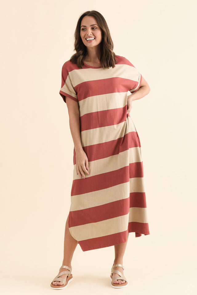 Tiarna Coral Stripe Cotton Dress,Full Body,Brunette model,alt text|model:MJ
