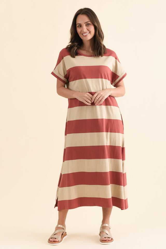 Tiarna Coral Stripe Cotton Dress,Full Body,Brunette model,alt text|model:MJ image 6