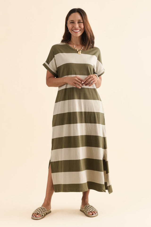 Tiarna Khaki Stripe Cotton Dress,Full Body,Brunette model,alt text|model:Cara image 2