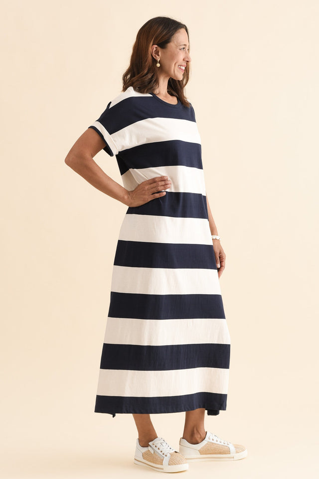 Tiarna Navy Stripe Cotton Dress,Side,Brunette model,alt text|model:Cara image 3
