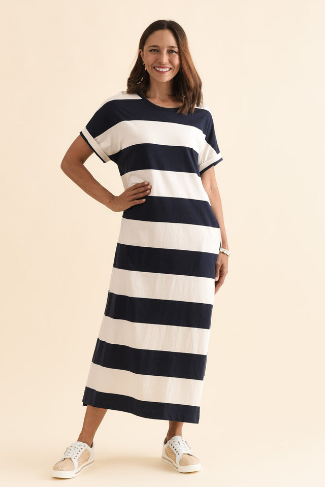Tiarna Navy Stripe Cotton Dress,Full Body,Brunette model,alt text|model:Cara image 2