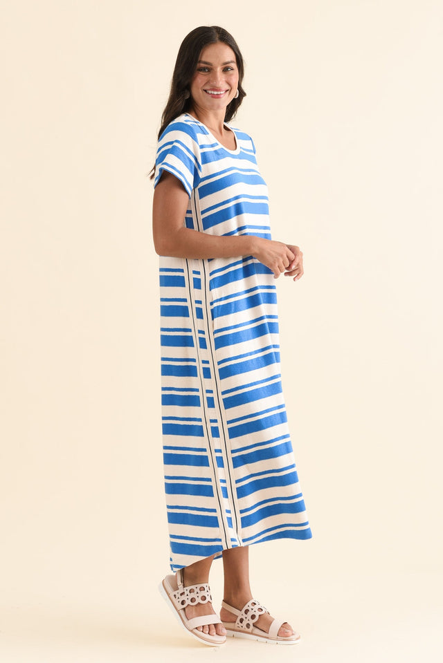 Tides Blue Stripe Cotton T-Shirt Dress,Side,Brunette model,alt text|model:Brontie image 4