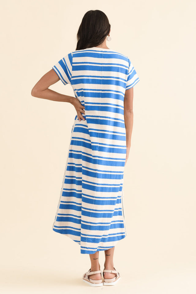 Tides Blue Stripe Cotton T-Shirt Dress,Back,Brunette model,alt text|model:Brontie image 5