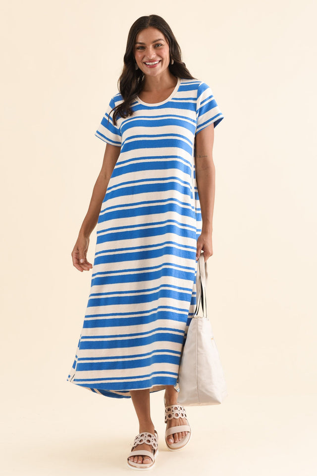 Tides Blue Stripe Cotton T-Shirt Dress,Front,Brunette model,alt text|model:Brontie