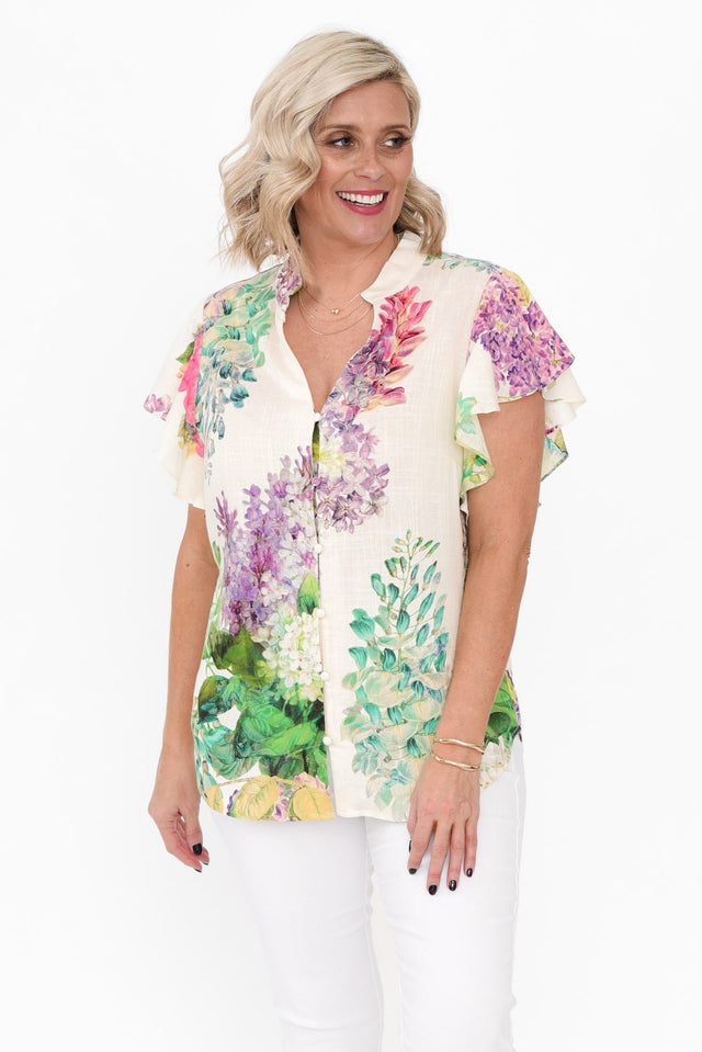 Tierra Wisteria Alba Linen Blend Top,alt text|model:Brooke image 1