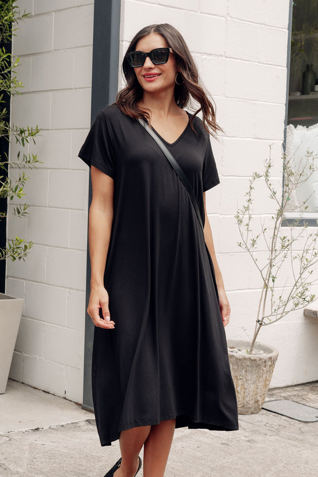 Tiffany Black Bamboo Tee Dress,Brunette model,Lifestyle