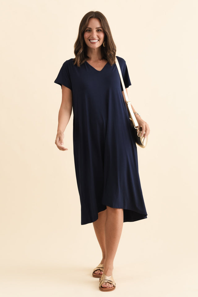 Tiffany Navy Bamboo Tee Dress,Brunette model,alt text|model:MJ