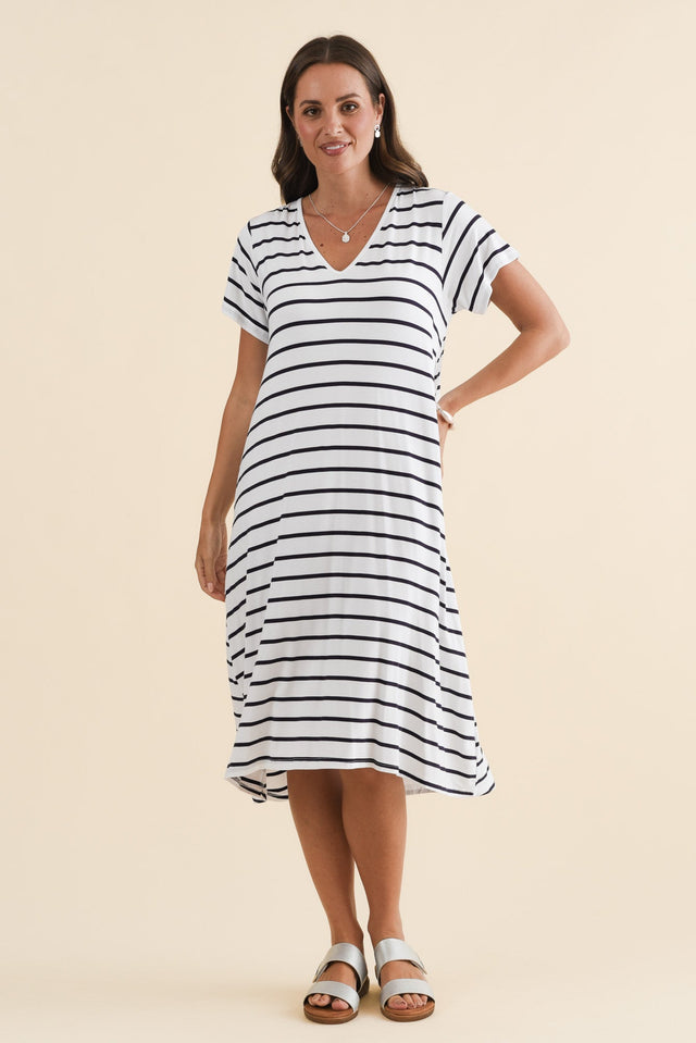 Tiffany White Stripe Bamboo Tee Dress,Brunette model,alt text|model:MJ