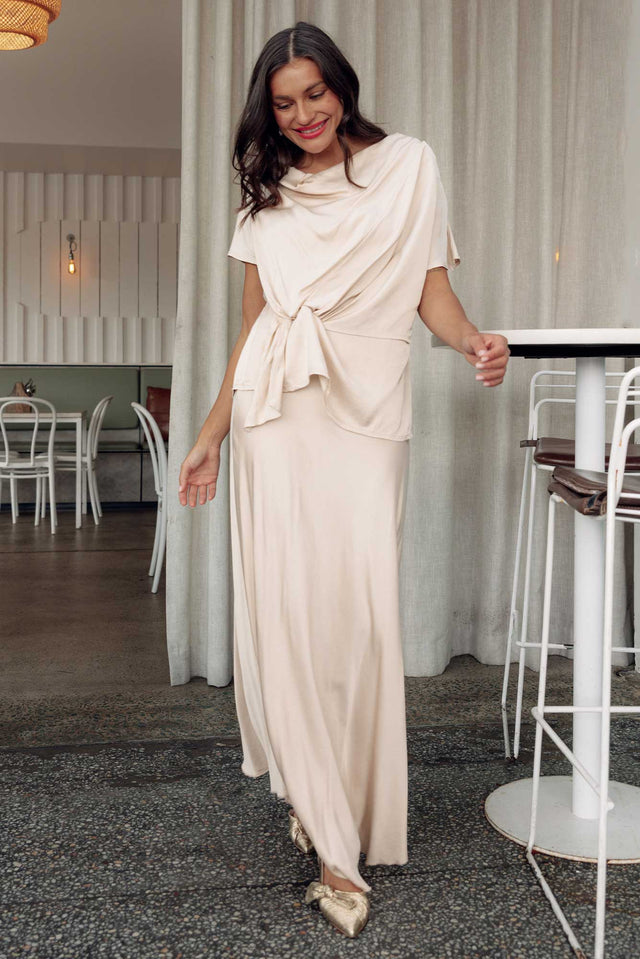 Tilba Champagne Maxi Skirt,Brunette model,Lifestyle