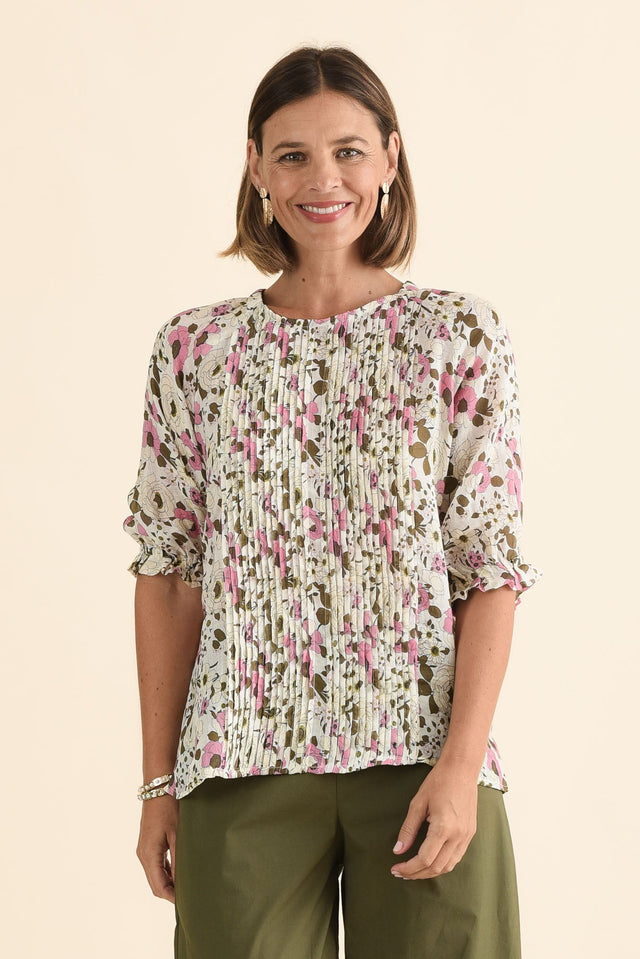 Tilly Pink Flower Cotton Top,Front,Brunette model,alt text|model:Laura
