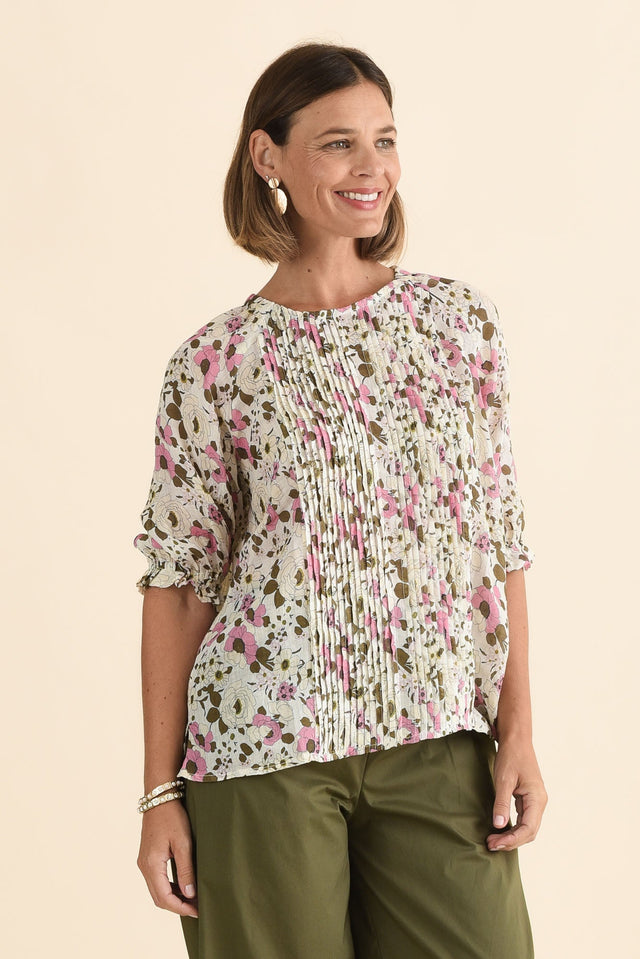 Tilly Pink Flower Cotton Top,Side,Brunette model,alt text|model:Laura image 3