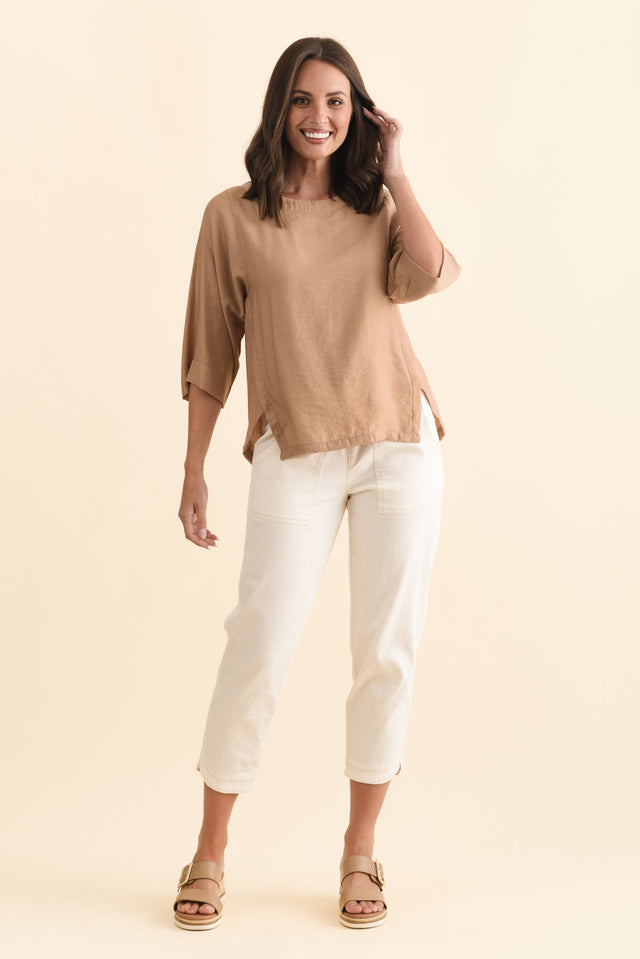 Tommy Taupe Side Split Top,Brunette model,alt text|model:MJ image 8
