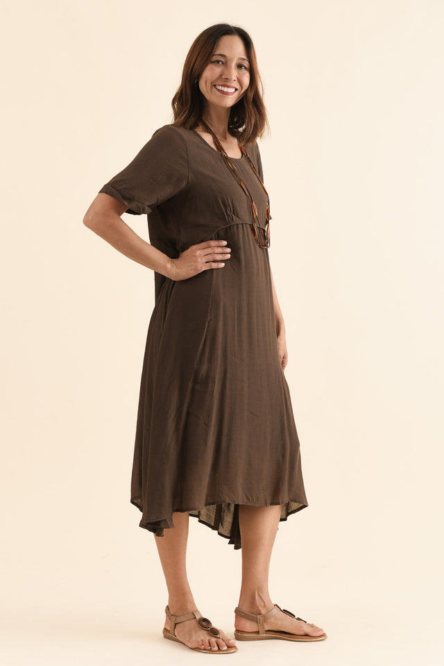 Toria Chocolate Crescent Dress,Side,Brunette model,alt text|model:Cara image 3
