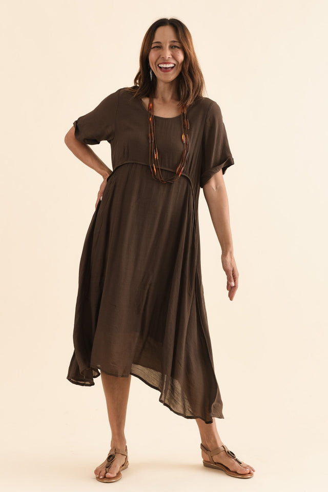 Toria Chocolate Crescent Dress,Full Body,Brunette model,alt text|model:Cara
