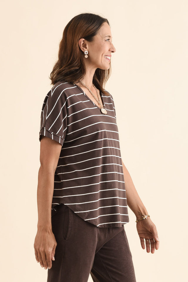 Toronto Dark Brown Stripe Cotton Tee,Side,Brunette model,alt text|model:Cara image 3