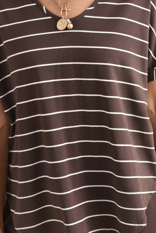 Toronto Dark Brown Stripe Cotton Tee,Detail,Brunette model,alt text|model:Cara image 5