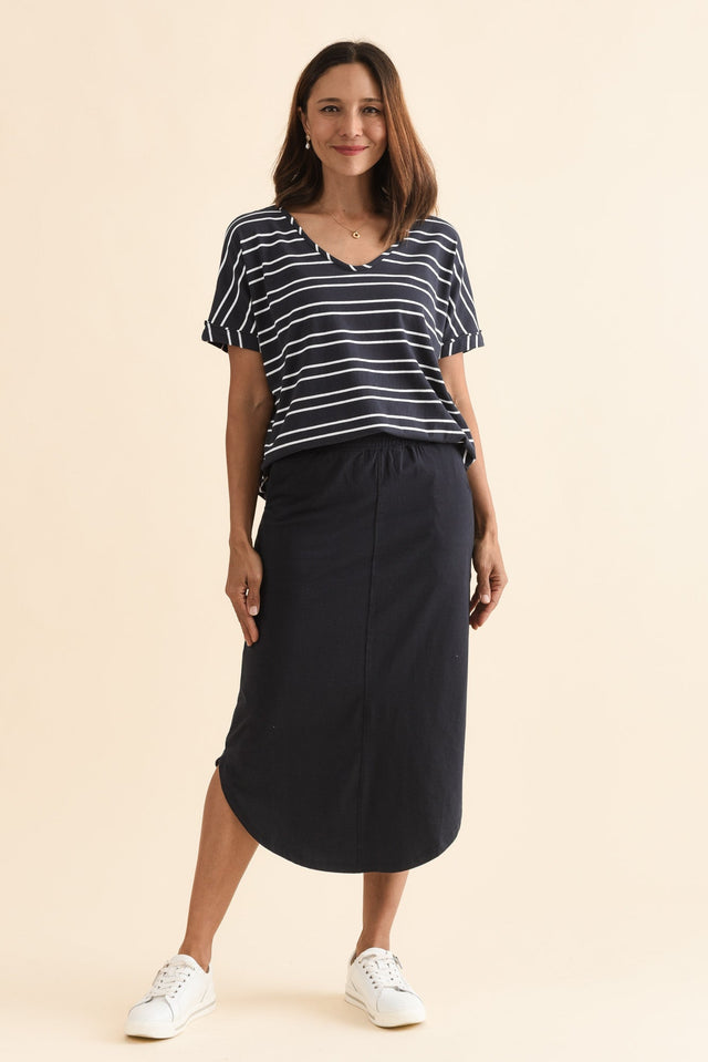 Presley Navy Cotton Shirred Skirt,Full Body,Brunette model,alt text|model:Cara image 6
