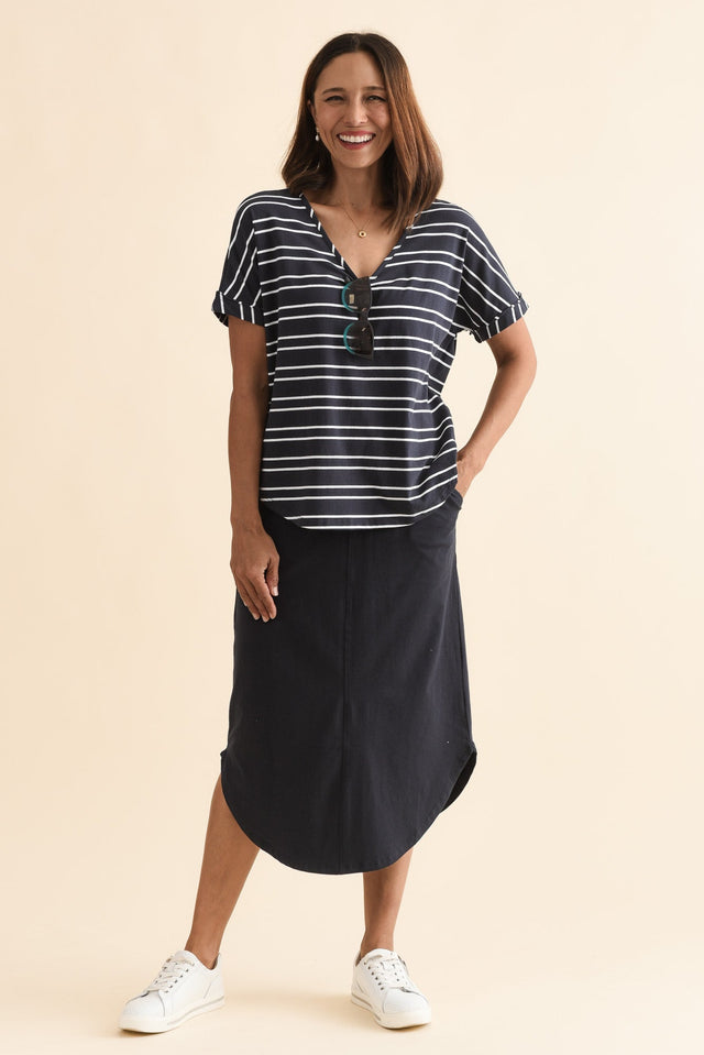 Toronto Navy Double Stripe Cotton Tee,Full Body,Brunette model,alt text|model:Cara