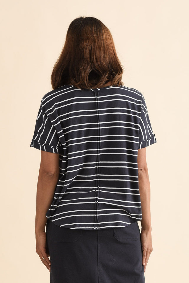 Toronto Navy Double Stripe Cotton Tee,Back,Brunette model,alt text|model:Cara image 4