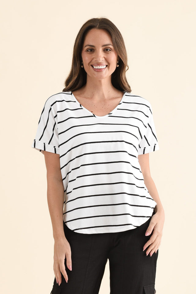 Toronto White Stripe Cotton Tee,Front,Brunette model,alt text|model:MJ