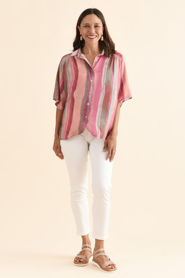 Toven Pink Stripe Button Shirt,Full Body,Brunette model,alt text|model:Cara image 2