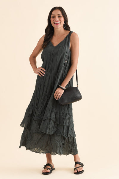 Toya Charcoal Crinkle Cotton Layer Dress