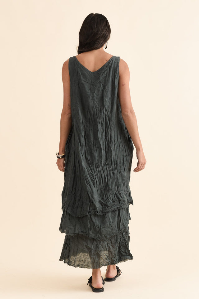 Toya Charcoal Crinkle Cotton Layer Dress,Back,Brunette model,alt text|model:Brontie image 4
