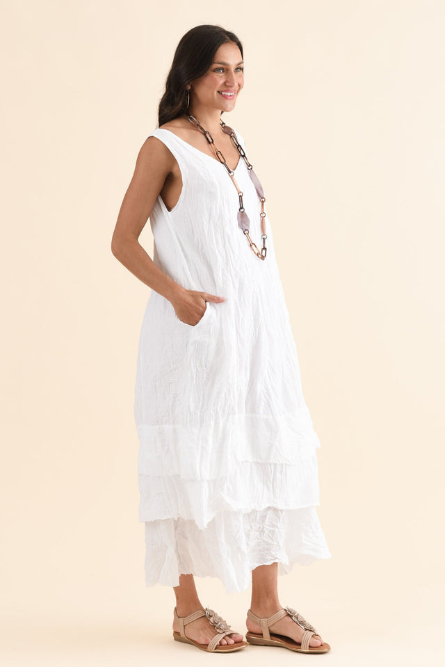 Toya White Crinkle Cotton Layer Dress,Side,Brunette model,alt text|model:Brontie image 3