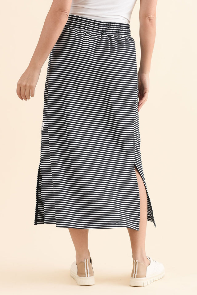 Travel Navy Stripe Cotton Maxi Skirt,Back,Brunette model,alt text|model:Cara image 5