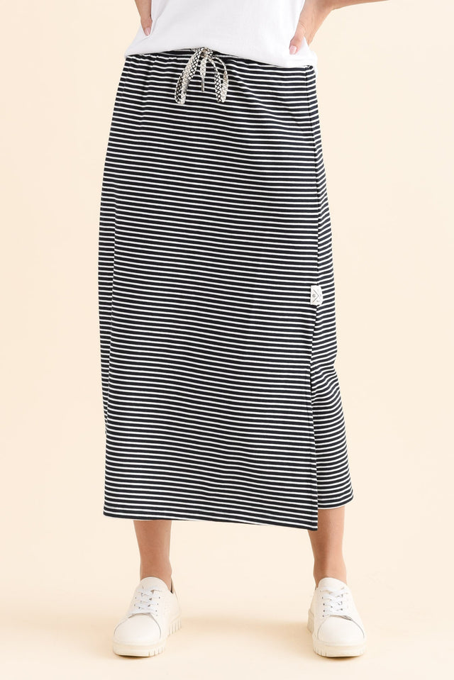 Travel Navy Stripe Cotton Maxi Skirt,Front,Brunette model,alt text|model:Cara image 1