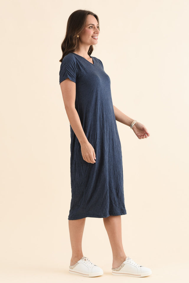 Travel No-Iron Blue Denim Maxi Dress,Side,Brunette model,alt text|model:MJ image 3