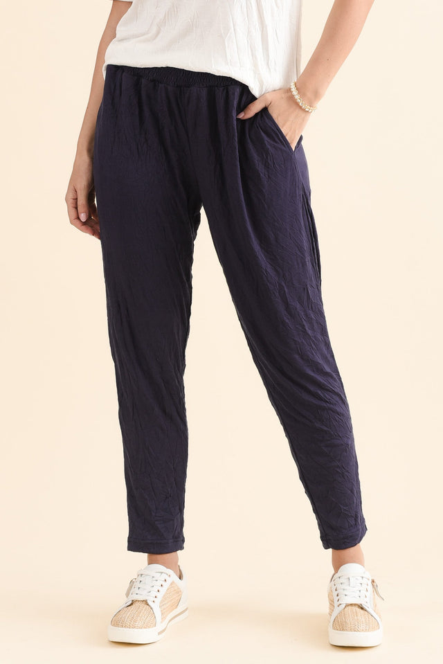 Travel No-Iron Navy Cropped Pants,Front,Brunette model,alt text|model:MJ image 1