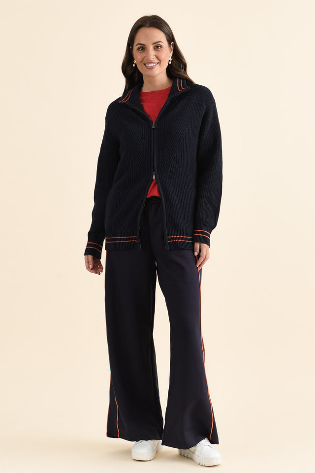 Modern Navy Zip Knit Jumper,brunette model,Full Outfit,alt text|model:MJ