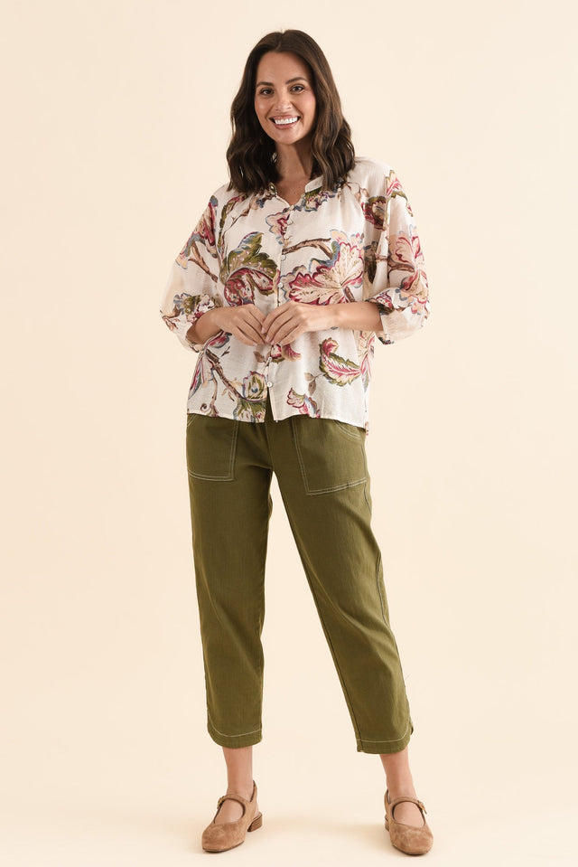 Trey Khaki Garden Button Blouse,Full Body,Brunette model,alt text|model:MJ image 6