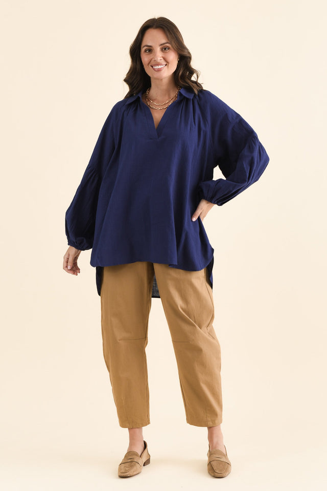 Tribeca Navy Cotton Collared Tunic,brunette model,Full Outfit,alt text|model:MJ