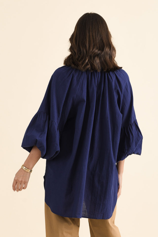 Tribeca Navy Cotton Collared Tunic,brunette model,Back of Outfit,alt text|model:MJ image 4