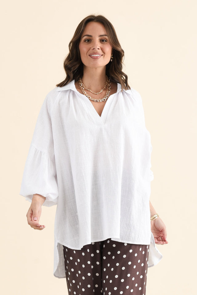 Tribeca White Cotton Collared Tunic,brunette model,Front of Outfit,alt text|model:MJ