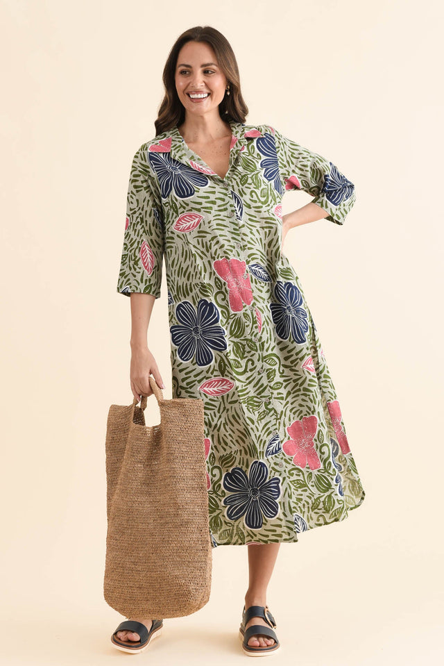 Tricia Blue Flower Cotton Shirt Dress,Front,Brunette model,alt text|model:MJ