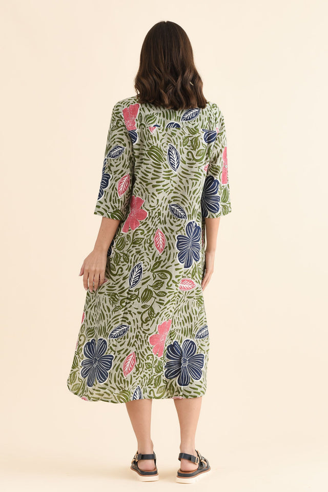 Tricia Blue Flower Cotton Shirt Dress,Back,Brunette model,alt text|model:MJ image 4