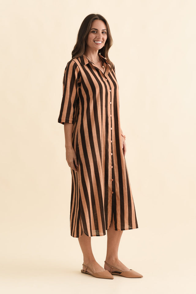 Tricia Chocolate Stripe Cotton Shirt Dress,Brunette model,alt text|model:MJ image 5
