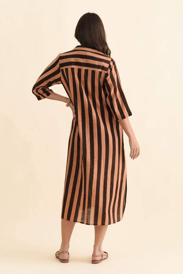 Tricia Chocolate Stripe Cotton Shirt Dress,Brunette model,alt text|model:MJ image 6