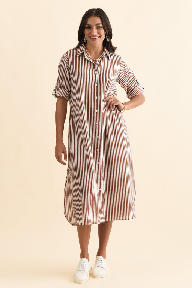 Tricia Mocha Stripe Cotton Shirt Dress,Brunette model,alt text|model:Brontie image 4