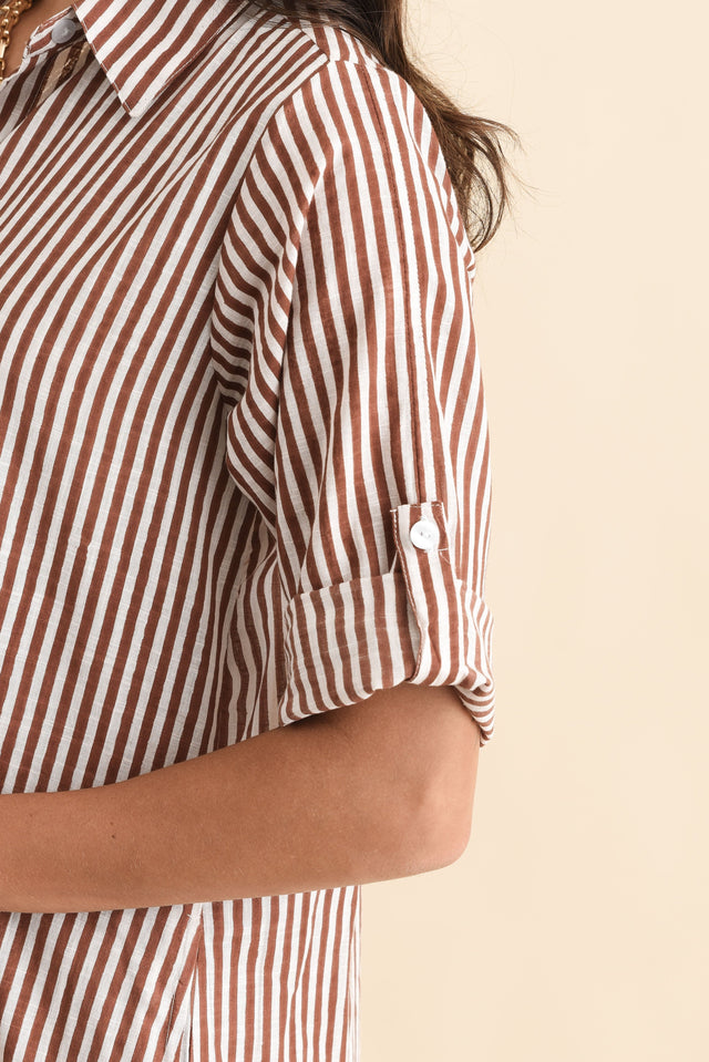 Tricia Mocha Stripe Cotton Shirt Dress,Brunette model,alt text|model:Brontie image 8