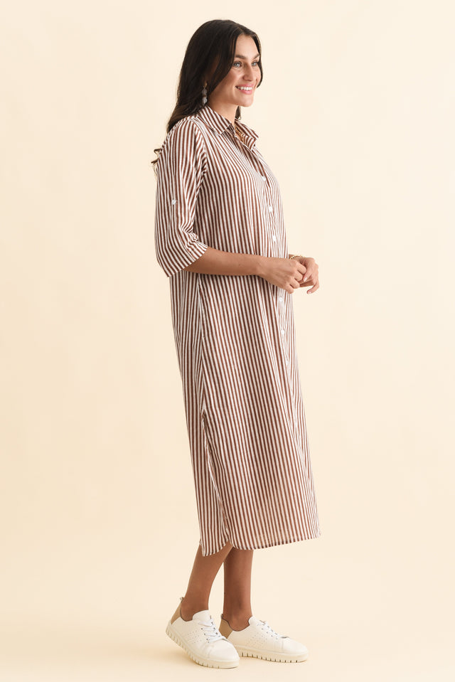 Tricia Mocha Stripe Cotton Shirt Dress,Brunette model,alt text|model:Brontie image 5