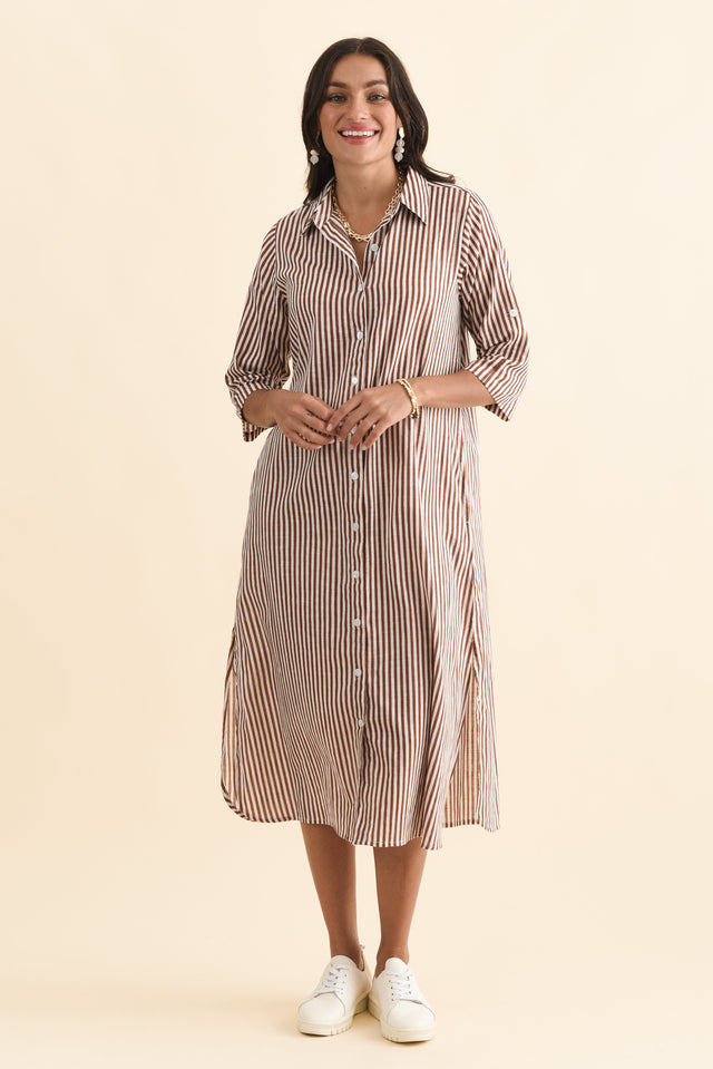 Tricia Mocha Stripe Cotton Shirt Dress,Brunette model,alt text|model:Brontie image 9
